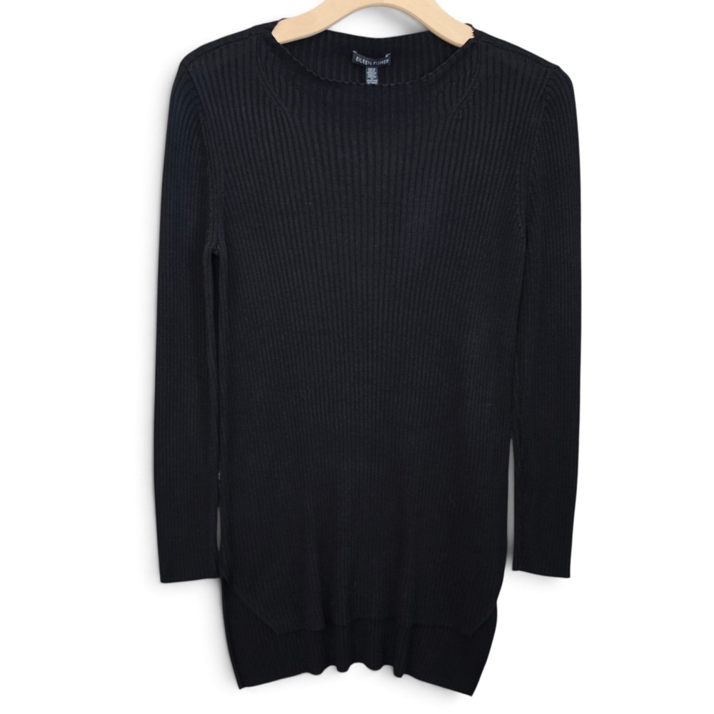 Eileen Fisher Sweater Medium M Black Tencel Lyocell Ribbed Knit Tunic Long Sleev